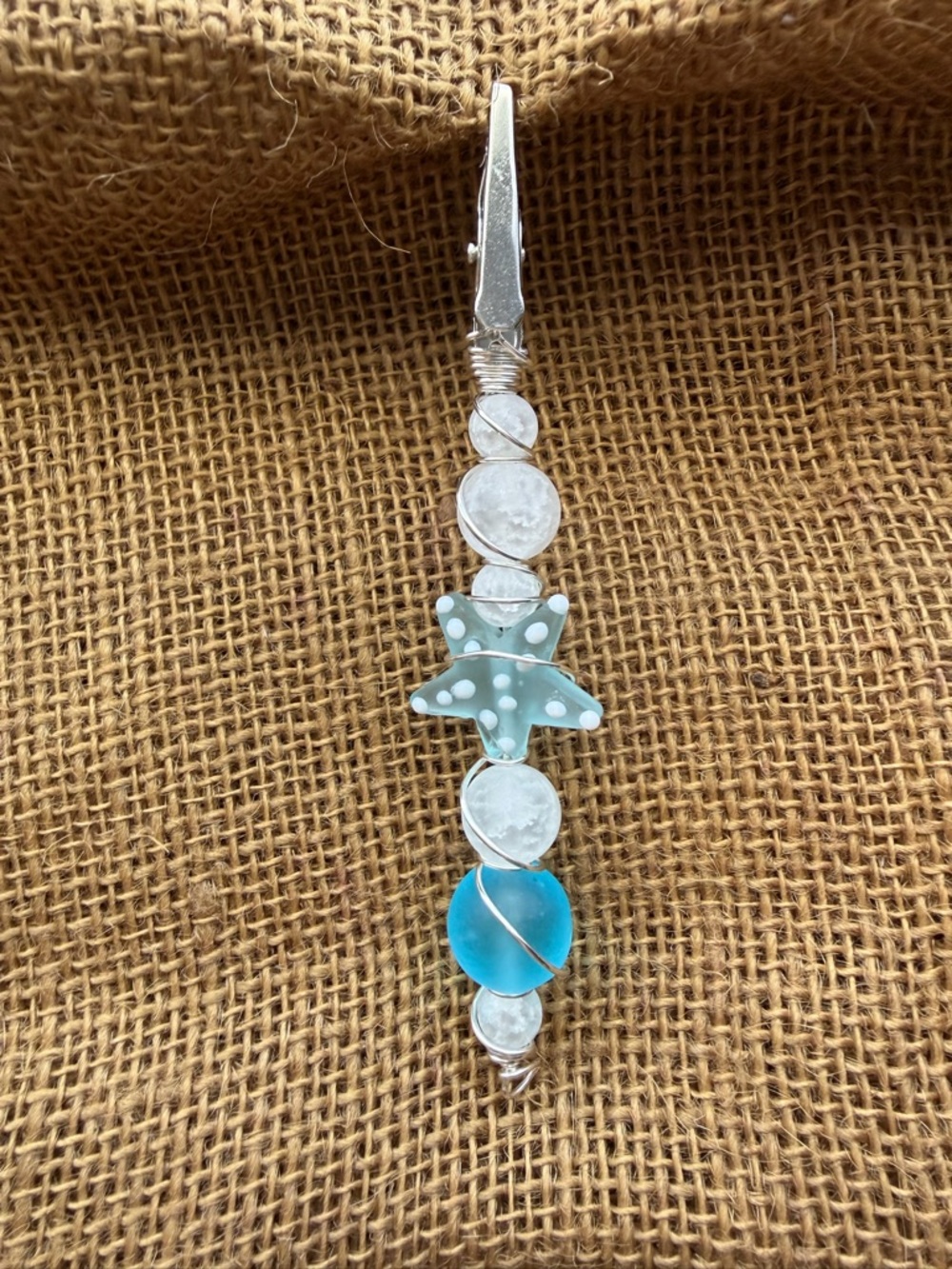 Lampwork Glass and Quartz Star Fish Roach Clip/ Hand Beaded and Wire wrapped